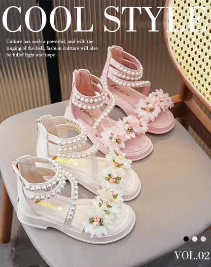 Children's Sandals Summer Bowtie Princess Shoes for Girls Fashion Sweet Kids Causal Pearl Roman Sandals Solid Color Hook Loop