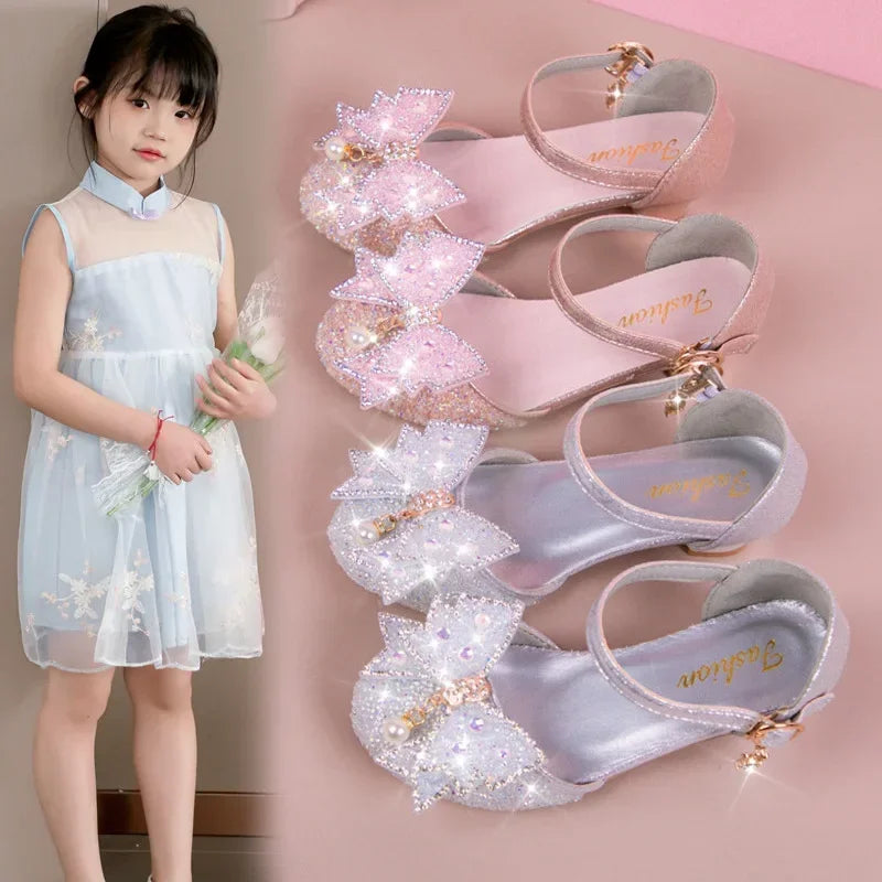 Girls Princess Shoes High Heels for Wedding Party Kids Dance Shoes Sweet Bows 2025 Summer New Children Half Sandals Shiny Sequin