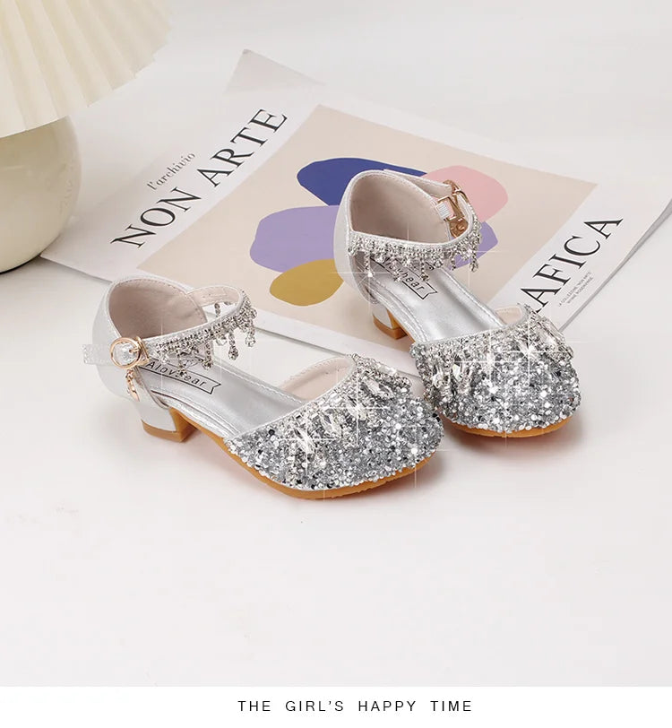 Girls' high-heeled princess shoes model catwalk show silver children's dress shoes shiny stage crystal sandals