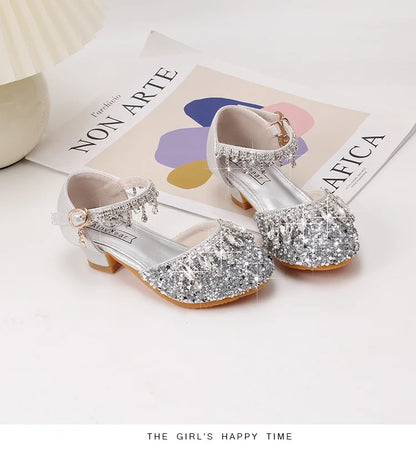 Girls' high-heeled princess shoes model catwalk show silver children's dress shoes shiny stage crystal sandals