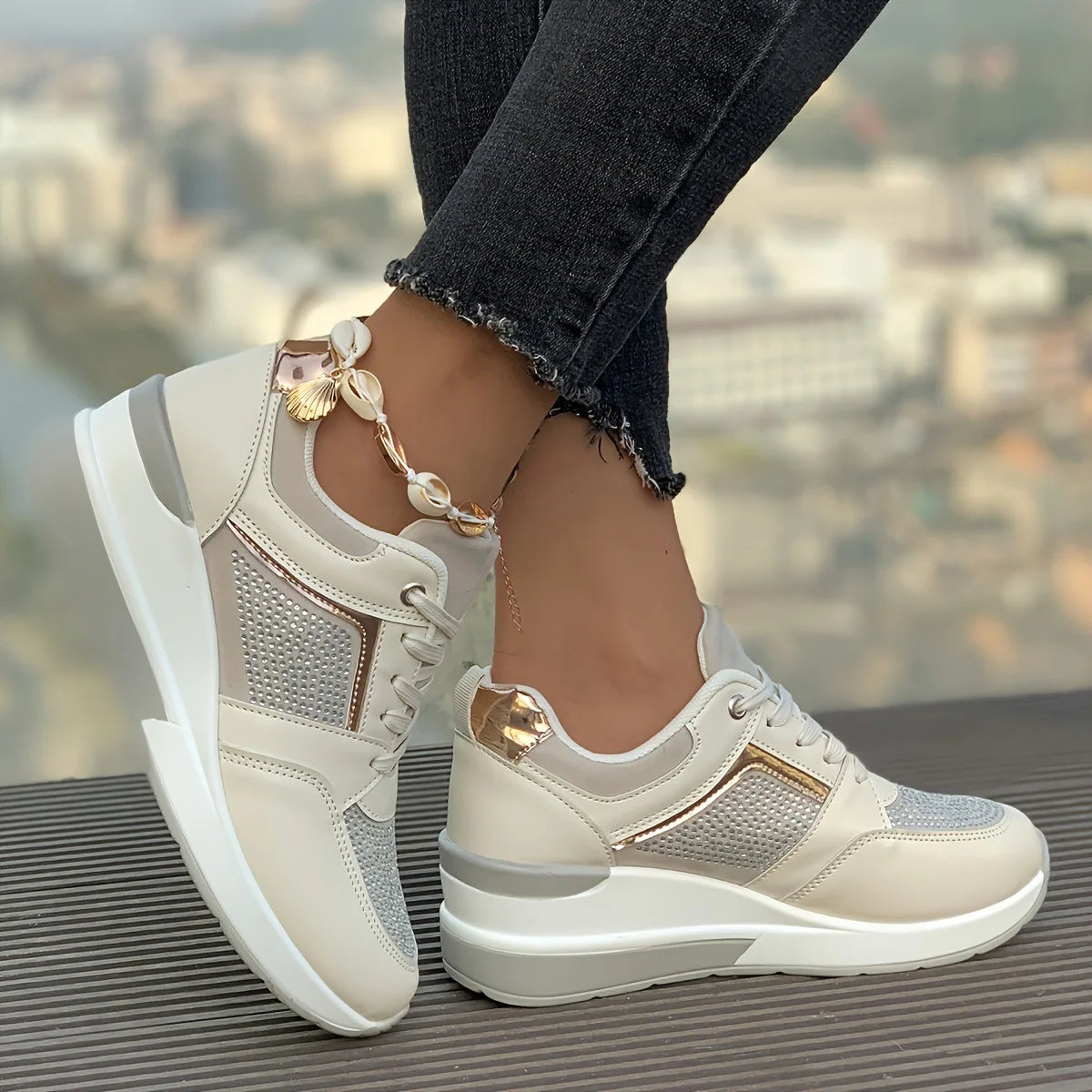 New Women's Sneakers Luxury Rhinestone Casual Shoes for Women Comfortable Platform Wedge Shoes Fashion Breathable Running Shoes