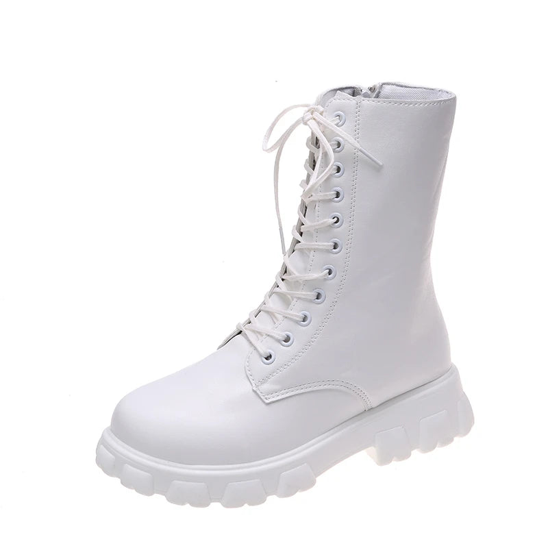 Boots Women Autumn Winter PU Leather White Ankle Boots Motorcycle Botines Female Chunky Heels Platform Boots Botas Mujer