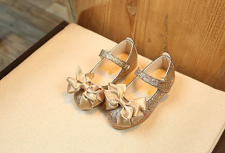 Glitter with Bow-knot Princess Sweet Bling Dress Shoes for Dance Party Girls Leather Shoes for Toddlers Kids Big Children Flats