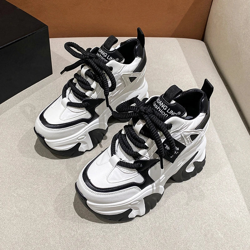 Women Walking Sneakers 2025 Spring Lace-up High Platform Chunky Shoes Breathable Leather Shoes 10CM Wedge Heels Casual Shoes