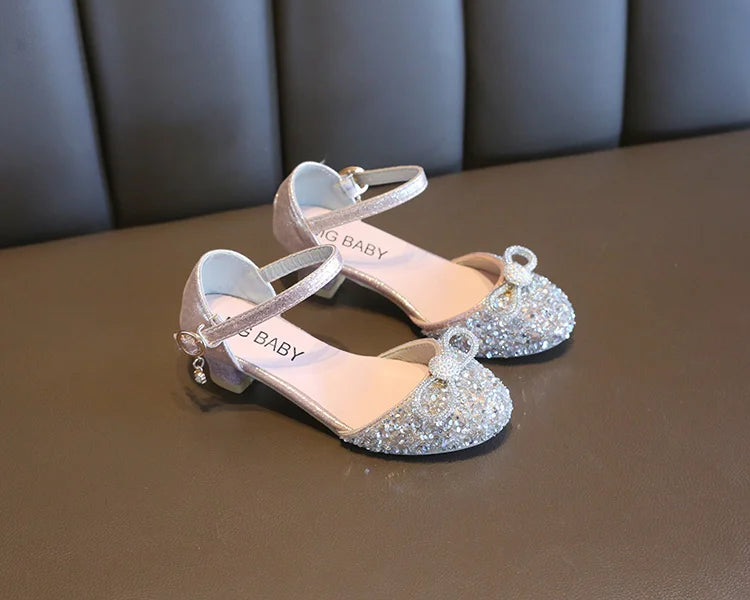 Girls High Heels for Kids Party Wedding Evening Dress Shoes Fashion Bow Diamond Crystal Shoes Princess Stockings Girl Sandals