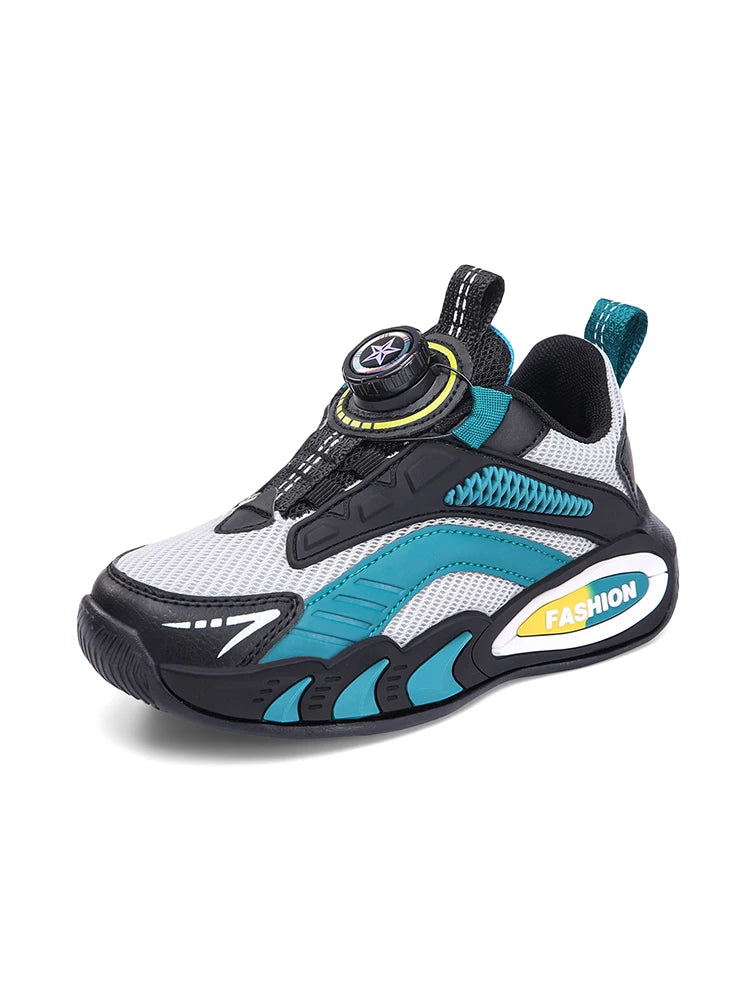 Boys' New Trendy Color-Blocked Mesh Sneakers with Knob Buckle, Dad Shoe Style Breathable Children's Shoes, Spring and Autumn Campus Outdoor Non-Slip Running Shoes, Casual Sports Trendy Shoes