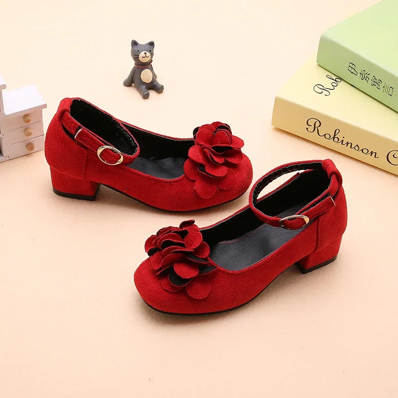 Girl's High Heel Shoes Spring Autumn Kids Leather Shoe Fashion Sweet Flower Children Princess Shoes for Wedding Party Versatile