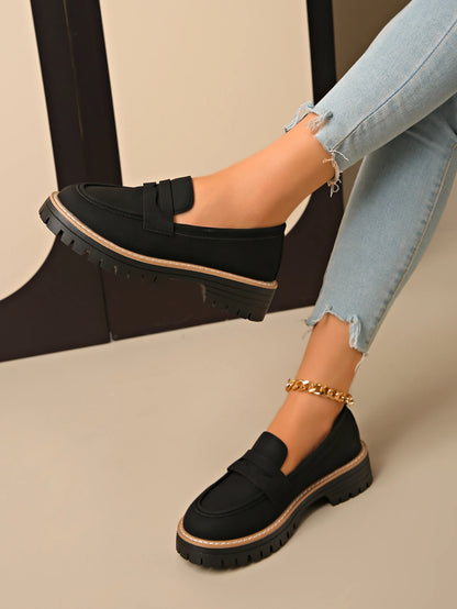 New Black/Brown Solid Color Thick-Soled Loafers Women's Platform Slip-On Shoes Retro Versatile Small Leather Shoes for Commuting