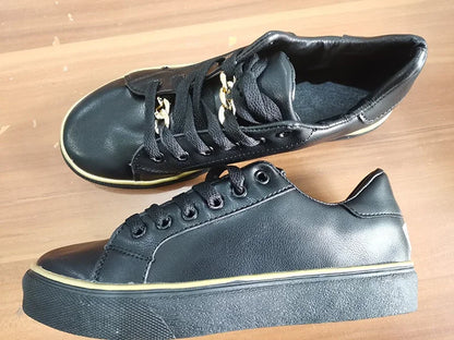 Women's Sneakers New Fashion Chain Leather Comfortable Round Toe Platform Sneakers Lace-up Walking Women's Vulcanized Shoes