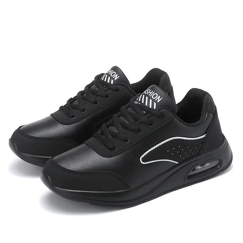 New Women's Fashionable Sneakers Leather Women's Casual Shoes Lace Up Flat Shoes Ladies Lightweight Fitness Walking Shoes