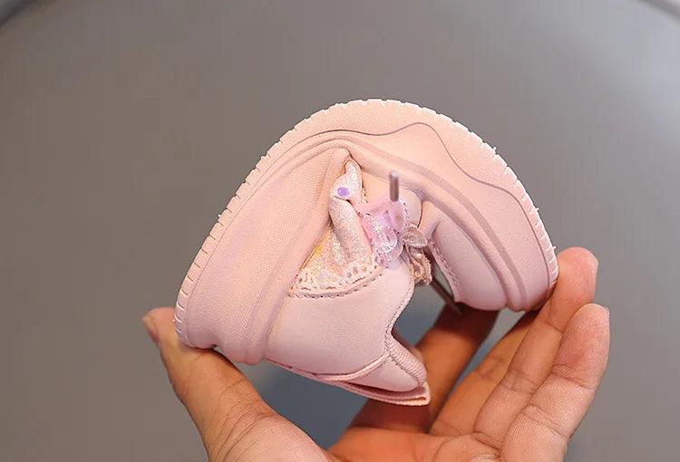 Baby Girl's Casual Sneakers for Spring Fall Shiny Sequins & Bow Ribbon Decor Sports Shoes Kids Skate Shoes
