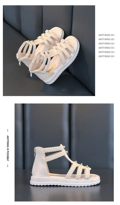 Kids Summer Sandals for Girls 2025 New Versatile Korean Style PU Soft Non-slip Flat Casual Weave Gladiator Sandals Princess Soft