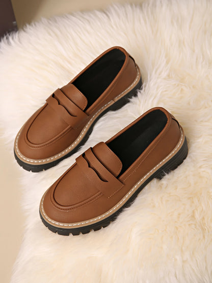 New Black/Brown Solid Color Thick-Soled Loafers Women's Platform Slip-On Shoes Retro Versatile Small Leather Shoes for Commuting