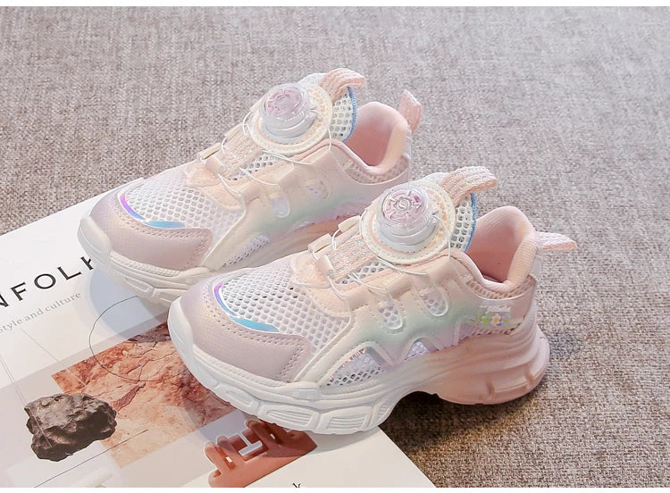 Girls Sneakers with Sweet Flowers Children Running Shoes Rotating Button New Kids Sports Shoes Princess Style Comfortable