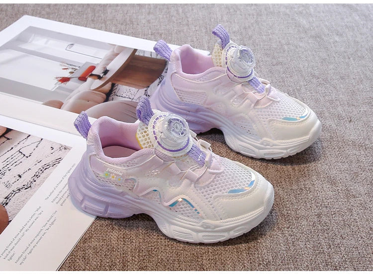 Girls Sneakers with Sweet Flowers Children Running Shoes Rotating Button New Kids Sports Shoes Princess Style Comfortable
