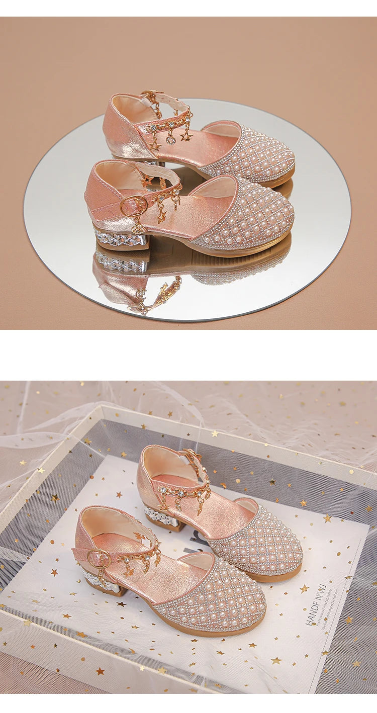 Girls Dress Shoes for Wedding Party Glitter Rhinestone with Pendants Shiny Glitter Fashion Princess Kids Leather Shoes High Heel