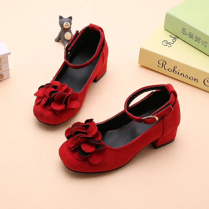 Girl's High Heel Shoes Spring Autumn Kids Leather Shoe Fashion Sweet Flower Children Princess Shoes for Wedding Party Versatile