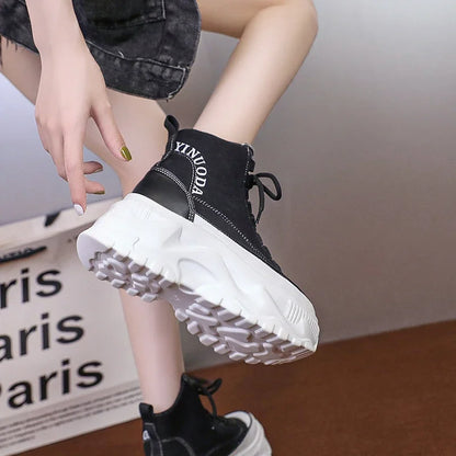 Women Sneakers High Top Platform Breathable Leather Shoes Autumn Ladies Wedges Casual Shoes For Woman Sports Dad Shoes 8CM