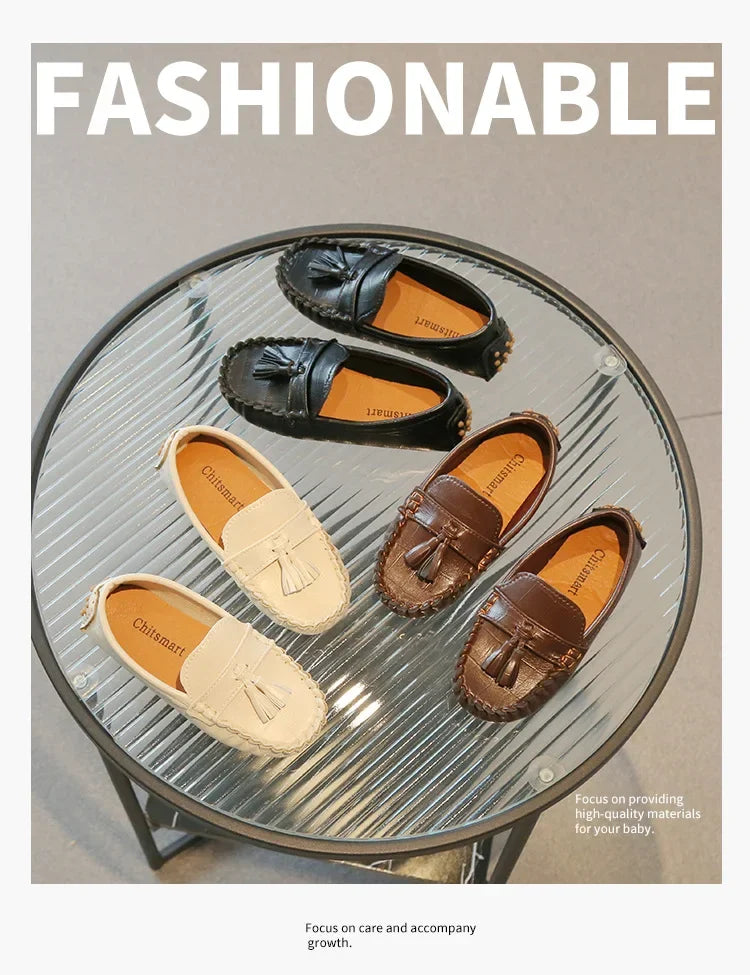 Children Moccasin Shoes Boys Flats Loafers Non-slip Tassels Cute Kids Casual Leather Shoes Soft Slip-on Pleated Solid Color 2023