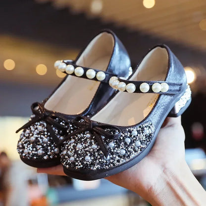 Little Kids Pearl Glitter Leather Shoes Girls Low Heeled Shoes Soft Soles Princess Dance Shoes Children Wedding Party Dress Shoe