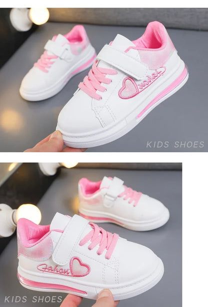Children's Sneakers 2024 New Girls Love Embroidery Casual Shoes Fashion Leather Kids School Running Sports Shoes Soft Hook Loop