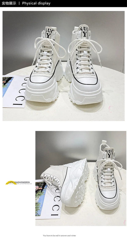 Women Sneakers High Top Platform Breathable Leather Shoes Autumn Ladies Wedges Casual Shoes For Woman Sports Dad Shoes 8CM