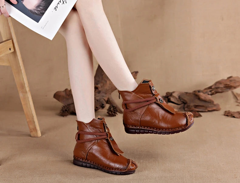 Women's Boots Autumn and Winter New Flat Soft Soled Short Boots National Style Vintage Womens Shoes Warm and Cotton Shoes