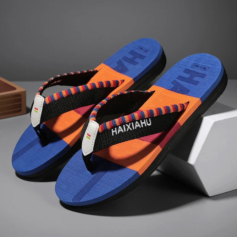 Men Slides Cloth Tape Woven Color Matching Stripe Wear-resistant Slippers (Available)