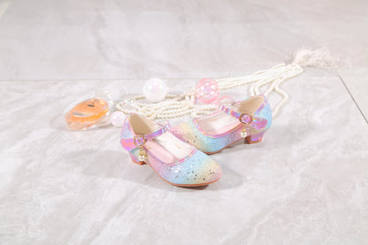 YUNICUS Girls High Heels Princess Shoes Students Children's Single Shoes Little Girl Performance Sequins Glitter Leather Shoes