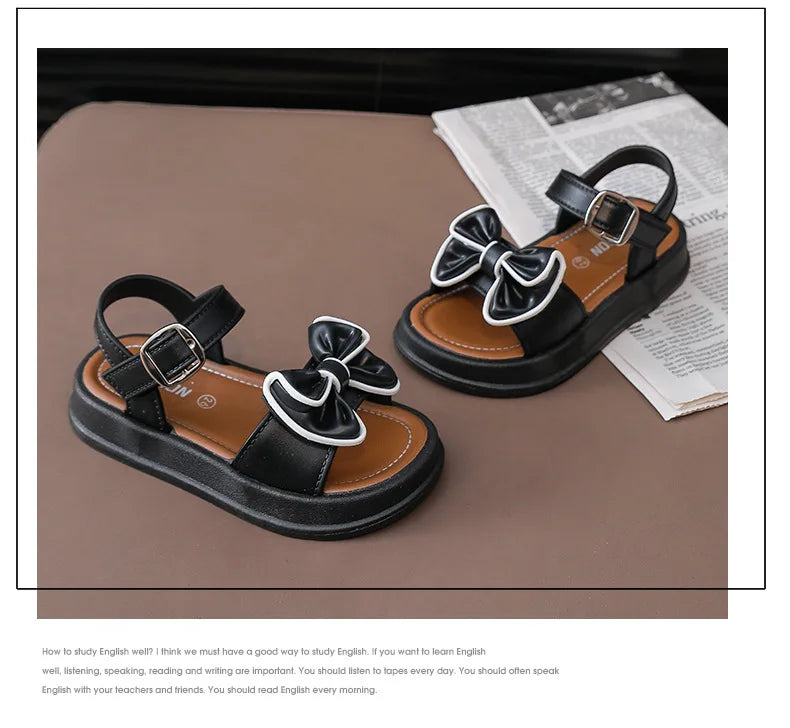 New Fashionable Girls Sandals Summer Bow Princess Sandals 3-14 Years Old Students Outside Wearing Versatile Velcro Sandals
