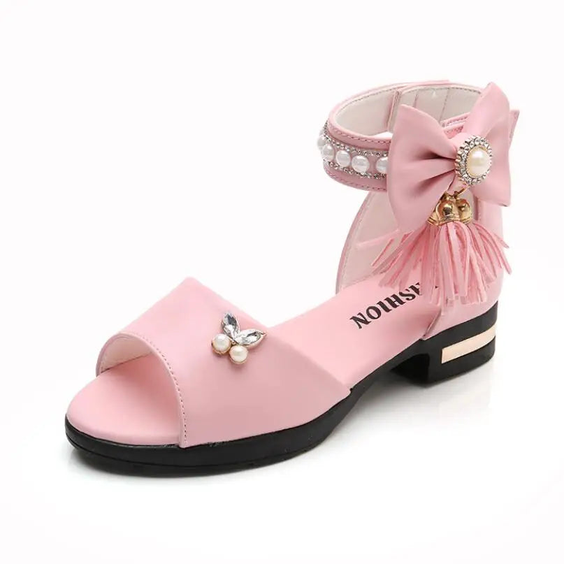 Kids Bow Sandals Children Girls Summer Cute Sandals Beach Sandals Princess Fashion High Heels Tassel School Shoes