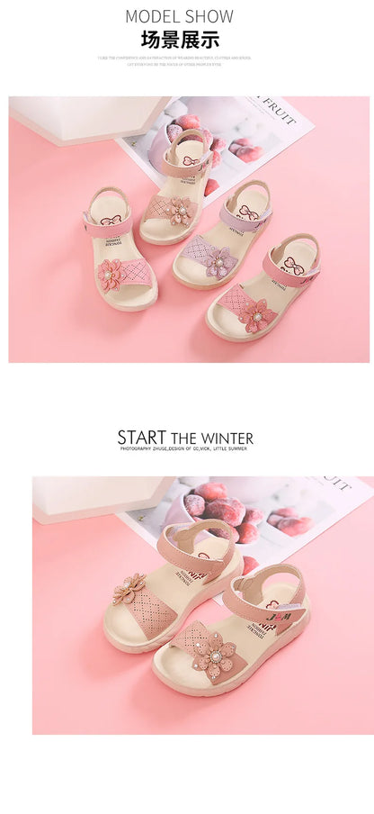Girls Sandals 2023 Summer Children Shoes Soft Soled Non-slip Kids Flower Pearl Beach Shoes Fashion Princess Sandals босоніжки