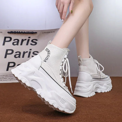 Women Sneakers High Top Platform Breathable Leather Shoes Autumn Ladies Wedges Casual Shoes For Woman Sports Dad Shoes 8CM