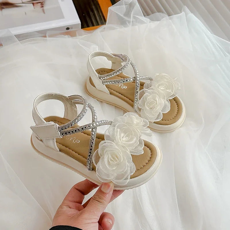 Girls Princess Sandals with Flowers Summer Fashion Children Rhinestone Performance Shoes Big Kids Gladiator Sandals 2025 New
