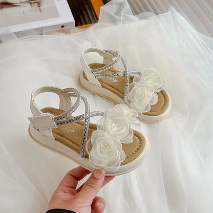 Girls Princess Sandals with Flowers Summer Fashion Children Rhinestone Performance Shoes Big Kids Gladiator Sandals 2025 New