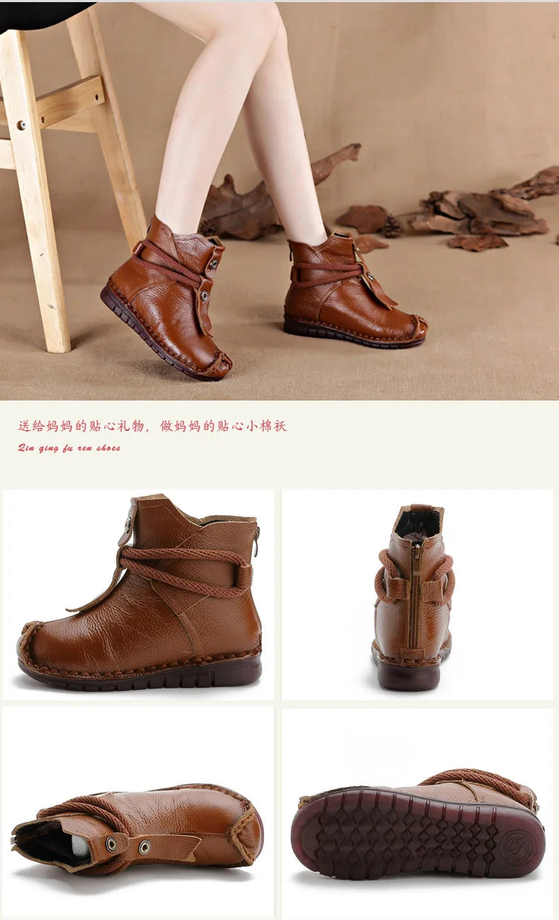 Women's Boots Autumn and Winter New Flat Soft Soled Short Boots National Style Vintage Womens Shoes Warm and Cotton Shoes