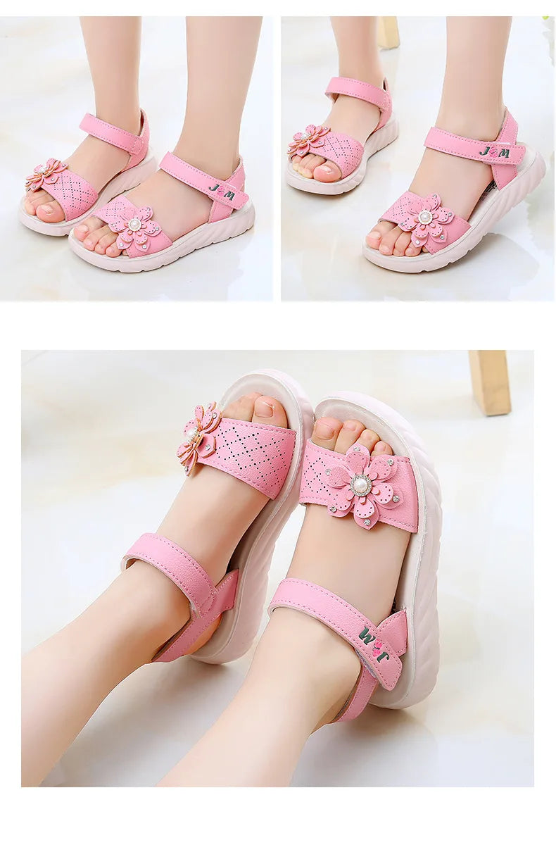 Girls Sandals 2023 Summer Children Shoes Soft Soled Non-slip Kids Flower Pearl Beach Shoes Fashion Princess Sandals босоніжки
