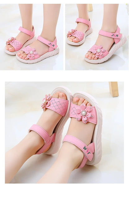 Girls Sandals 2023 Summer Children Shoes Soft Soled Non-slip Kids Flower Pearl Beach Shoes Fashion Princess Sandals босоніжки