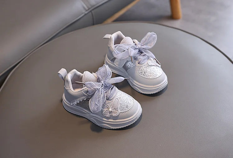 Baby Girl's Casual Sneakers for Spring Fall Shiny Sequins & Bow Ribbon Decor Sports Shoes Kids Skate Shoes