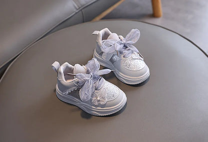 Baby Girl's Casual Sneakers for Spring Fall Shiny Sequins & Bow Ribbon Decor Sports Shoes Kids Skate Shoes