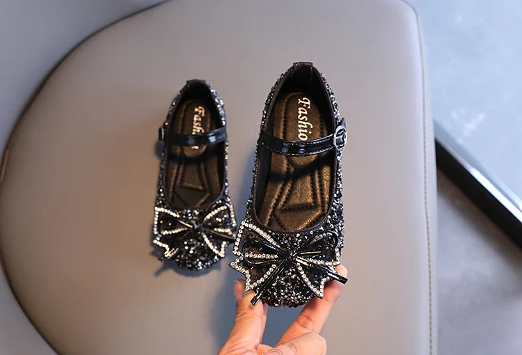 Girl's Princess Shoes Crystal Sequins Bowtie Party Glitter Children Mary Janes Three Colors Wedding Shallow Chic Kids Shoe 26-36