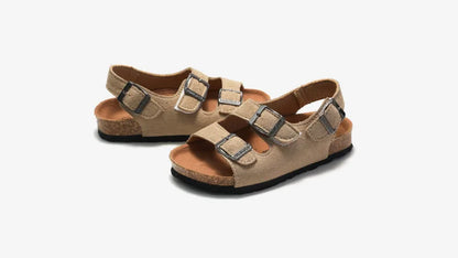 Boys Summer Soft Soled Cork Sandals Children One Line Herringbone Slippers Girl Beach Breathable Double Ring Buckle Casual Shoes
