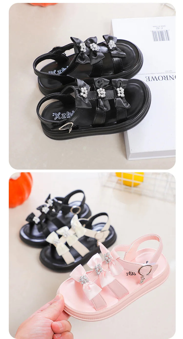 Girls Sandals with Sweet Bows Soft Sole Kids Beach Shoes Versatile 2025 Summer New Children Princess Shoes Casual Non-slip Cute