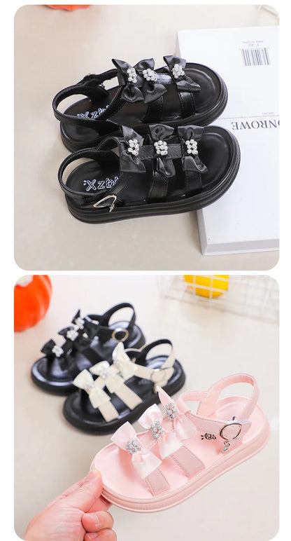 Girls Sandals with Sweet Bows Soft Sole Kids Beach Shoes Versatile 2025 Summer New Children Princess Shoes Casual Non-slip Cute