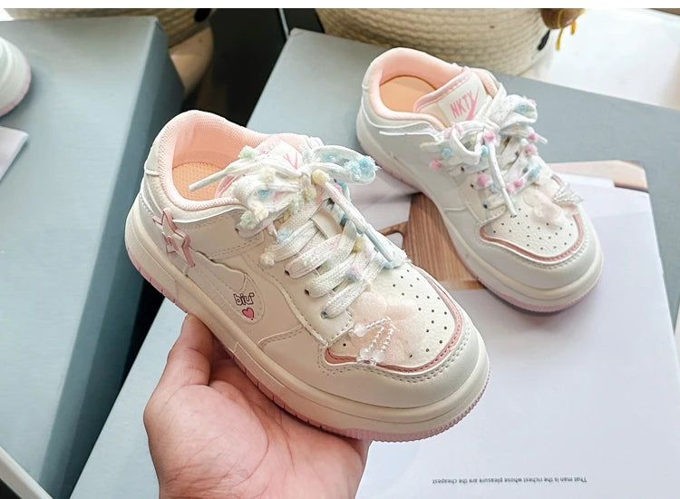 Girls' white sneakers autumn New leather breathable casual shoes, girls' soft-soled sports shoes and running shoes