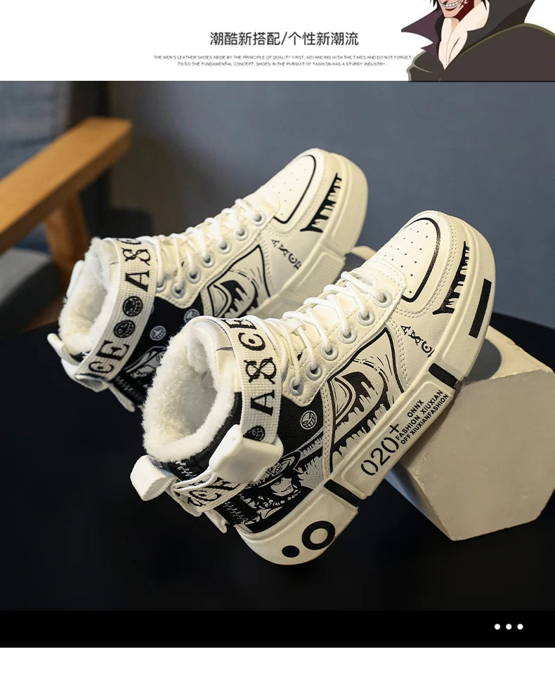 Boys' high-top sneakers Autumn new style children's sports shoes Buckle student soft-soled fleece casual shoes