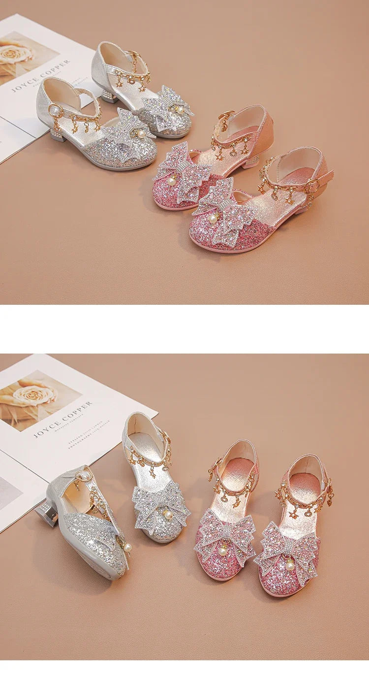 Girls High Heeled Leather Shoes High Heels for Wedding Party Glitter Rhinestone with Bow-knot Kids Dress Pendant Bling Sparkling