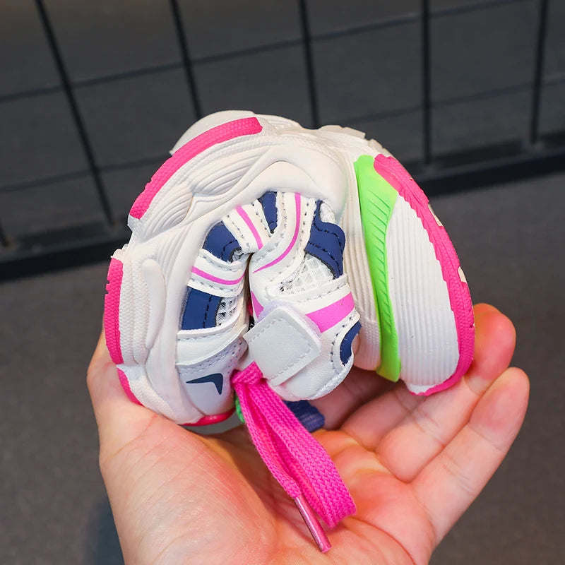 Girl's Color Block Mesh Breathable Chunky Shoes Comfy Non Slip Lace Up Durable Sneakers For Kid's Outdoor Activities