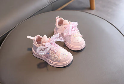 Baby Girl's Casual Sneakers for Spring Fall Shiny Sequins & Bow Ribbon Decor Sports Shoes Kids Skate Shoes