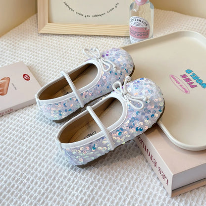 Girls Shoes Kids Glitter Leather Shoes for Wedding Stage Party Sequins Bling Shiny with Bow-knot Princess Soft Children's Flats